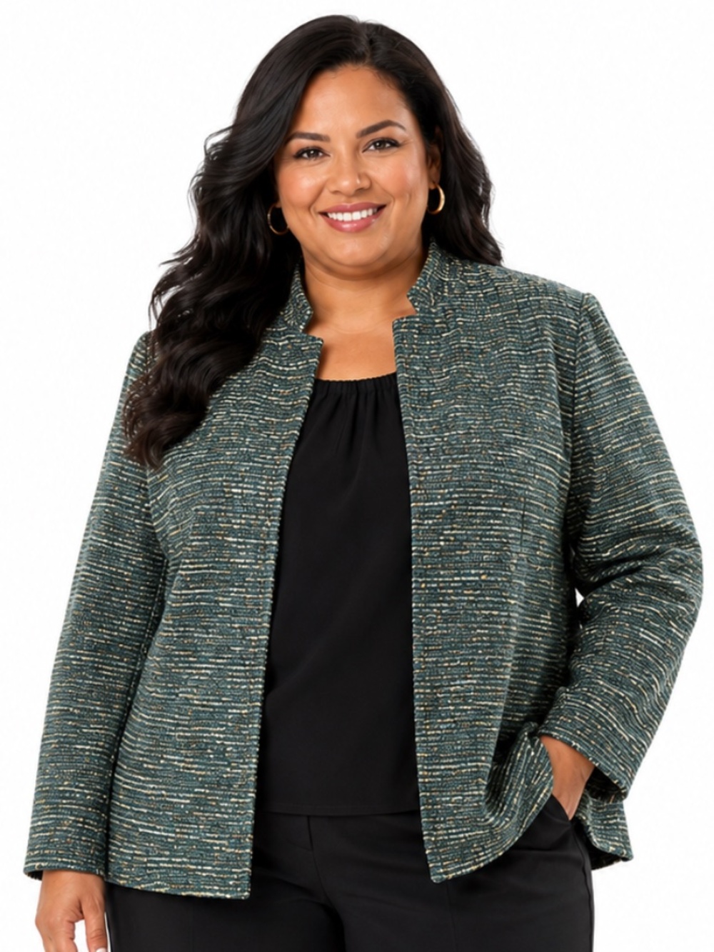 Kasper Woman 20W Textured Tweed Open Front Jacket | Green Multi Career Blazer